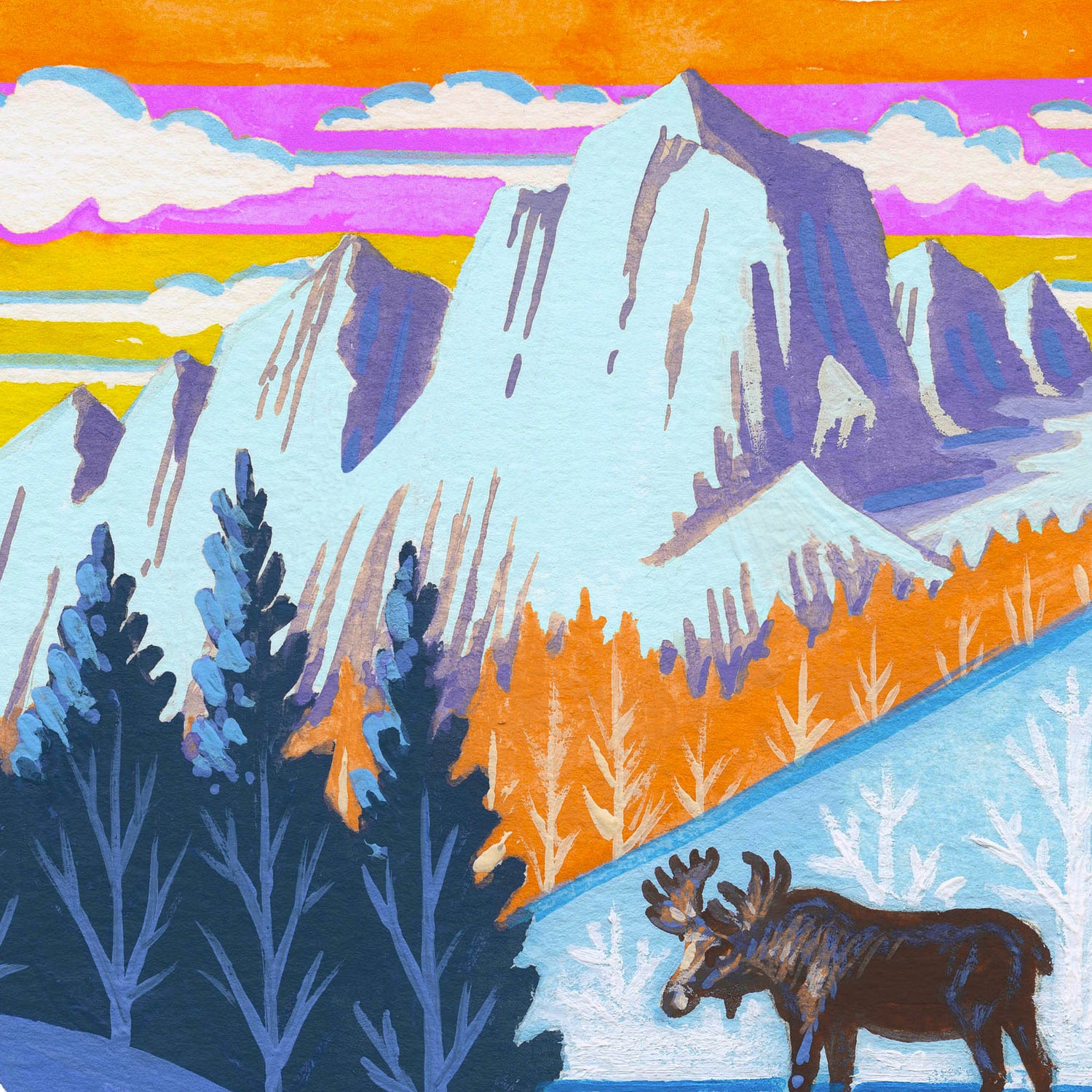 Aspen Colorado art detail with moose, mountains, and lake; illustration by Angela Staehling
