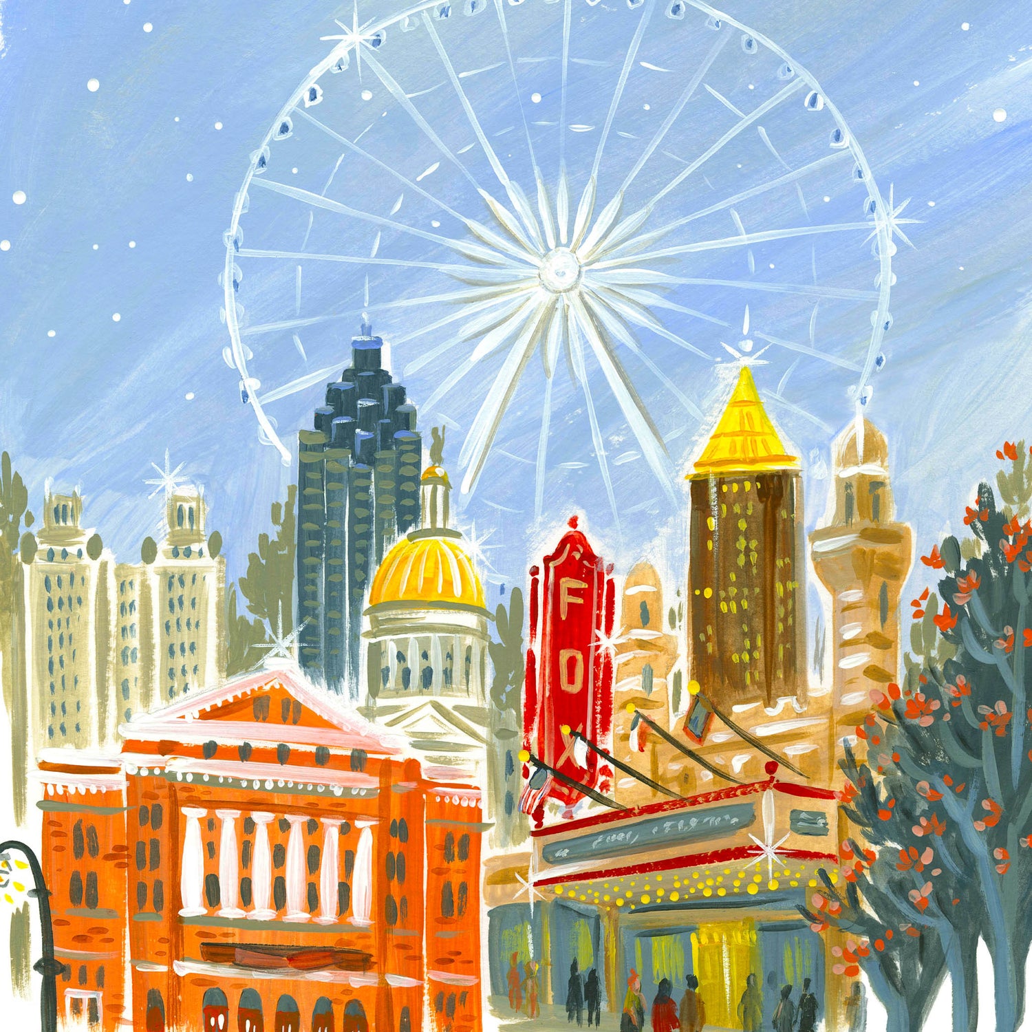 Downtown Atlanta skyline art detail with Fox Theater and ferris wheel; illustration by Angela Staehling