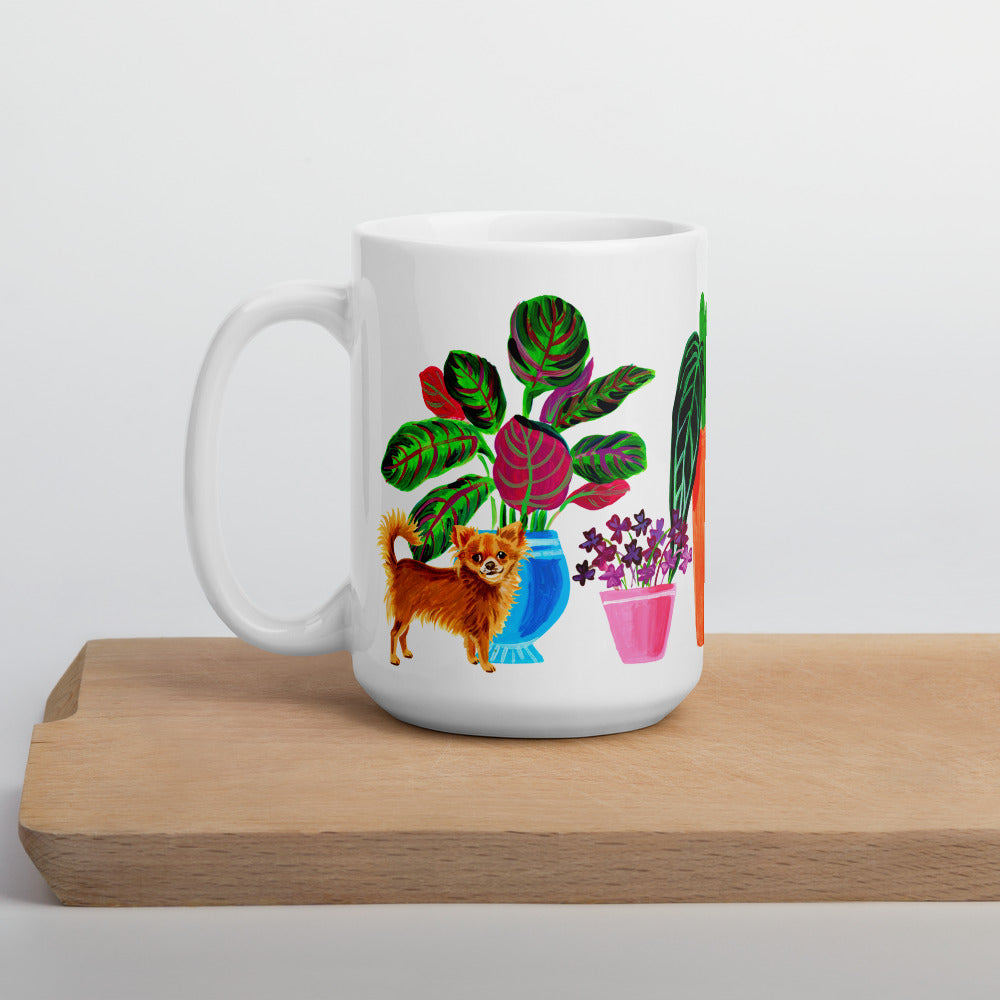Dogs and plants white ceramic 15oz coffee mug
