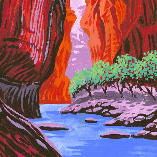 Zion National Park Art detail with steep red cliffs, Emerald Pools, and Virgin River; trendy illustration by Angela Staehling