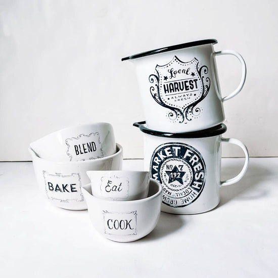 White ceramic Farmer's Market bowls and mugs