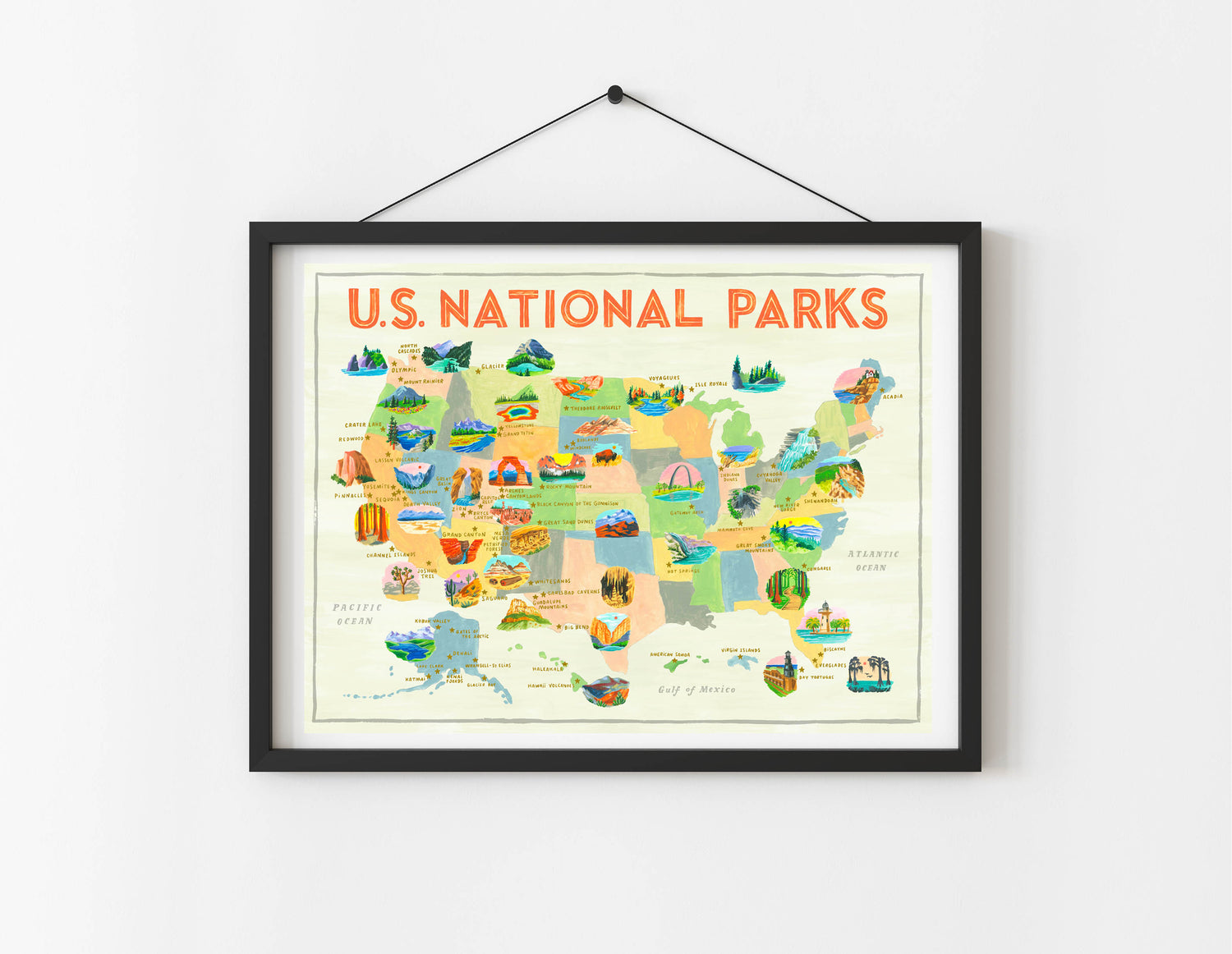 US National Park Map Art Print in black frame