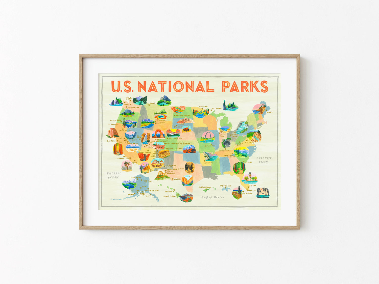 US National Park Map Art Print in wood frame