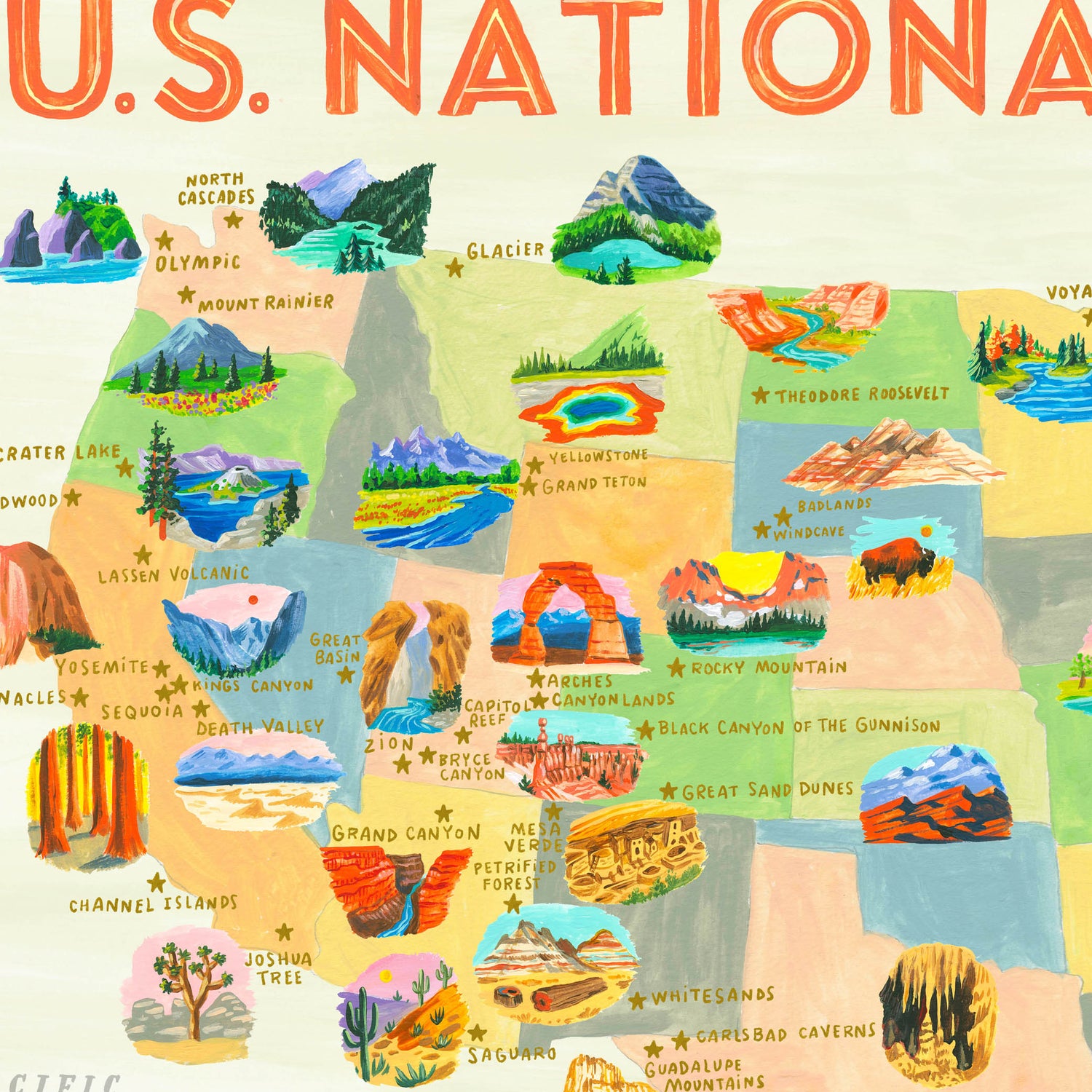 US National Park Map Art Print detail