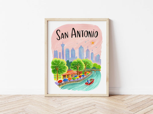 San Antonio Texas Skyline CIty Art with Riverwalk Illustration