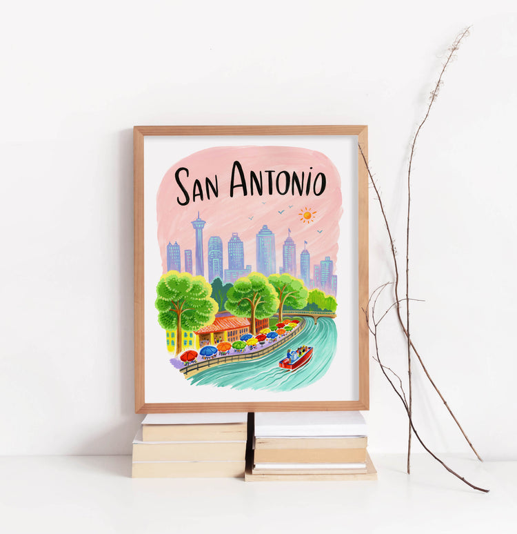 San Antonio Texas Skyline CIty Art with Riverwalk Illustration