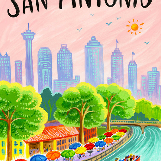 San Antonio Texas Skyline CIty Art with Riverwalk Illustration detail