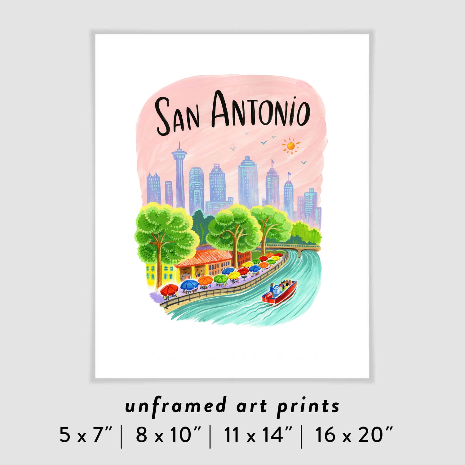 San Antonio Texas Skyline CIty Poster with Riverwalk Illustration 