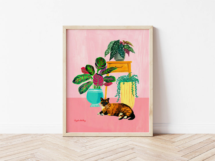 Siamese Cat with houseplants colorful wall art print