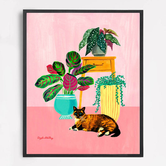 Siamese Cat with houseplants colorful wall art print in black frame