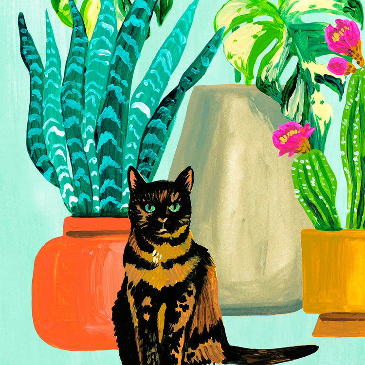 tortoiseshell cat with houseplants acrylic painting art print detail