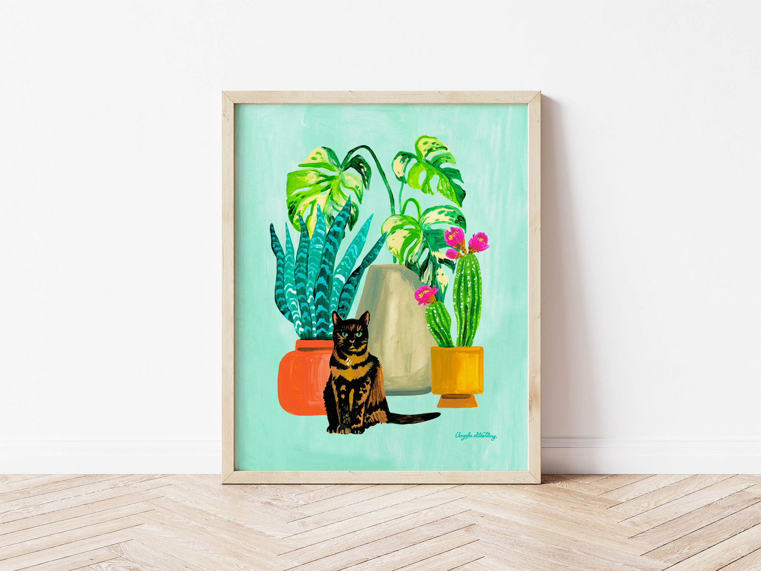 tortoiseshell cat with houseplants acrylic painting art print
