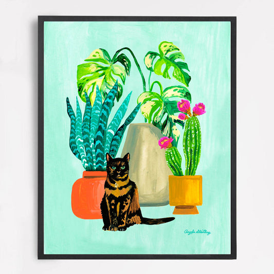 tortoiseshell cat with houseplants acrylic painting art print in black frame