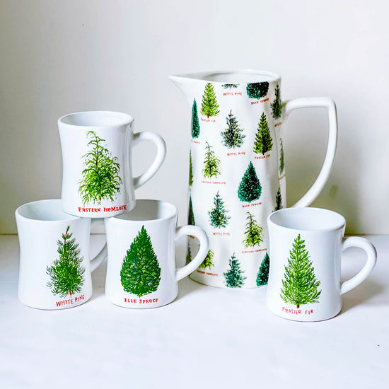 Christmas tree coffee mugs and pitcher by Creative Coop and Angela Staehling