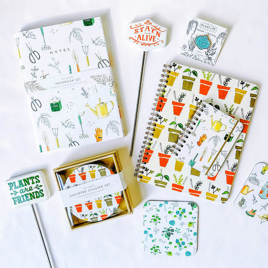 Plant stationery, coasters, journals, notebooks, and plant stakes