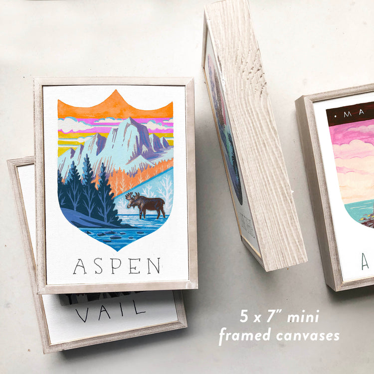  Aspen Colorado framed canvas with moose, mountains, and lake; illustration by Angela Staehling
