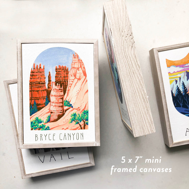 Bryce Canyon National Park framed art with hoodoo rock formations in southern Utah; trendy illustration by Angela Staehling