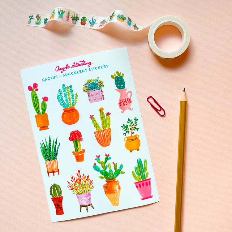 Cactus and succulent sticker sheet with cactus washi tape