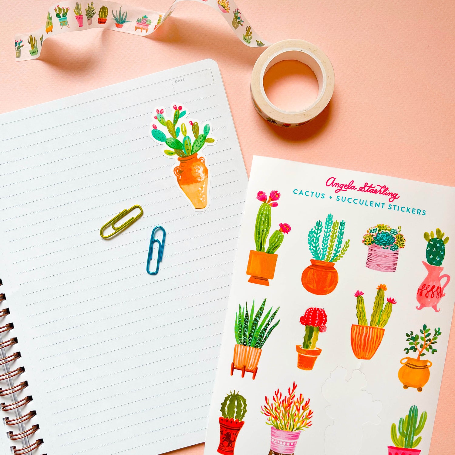 Cactus sticker with sticker sheet and cactus washi tape