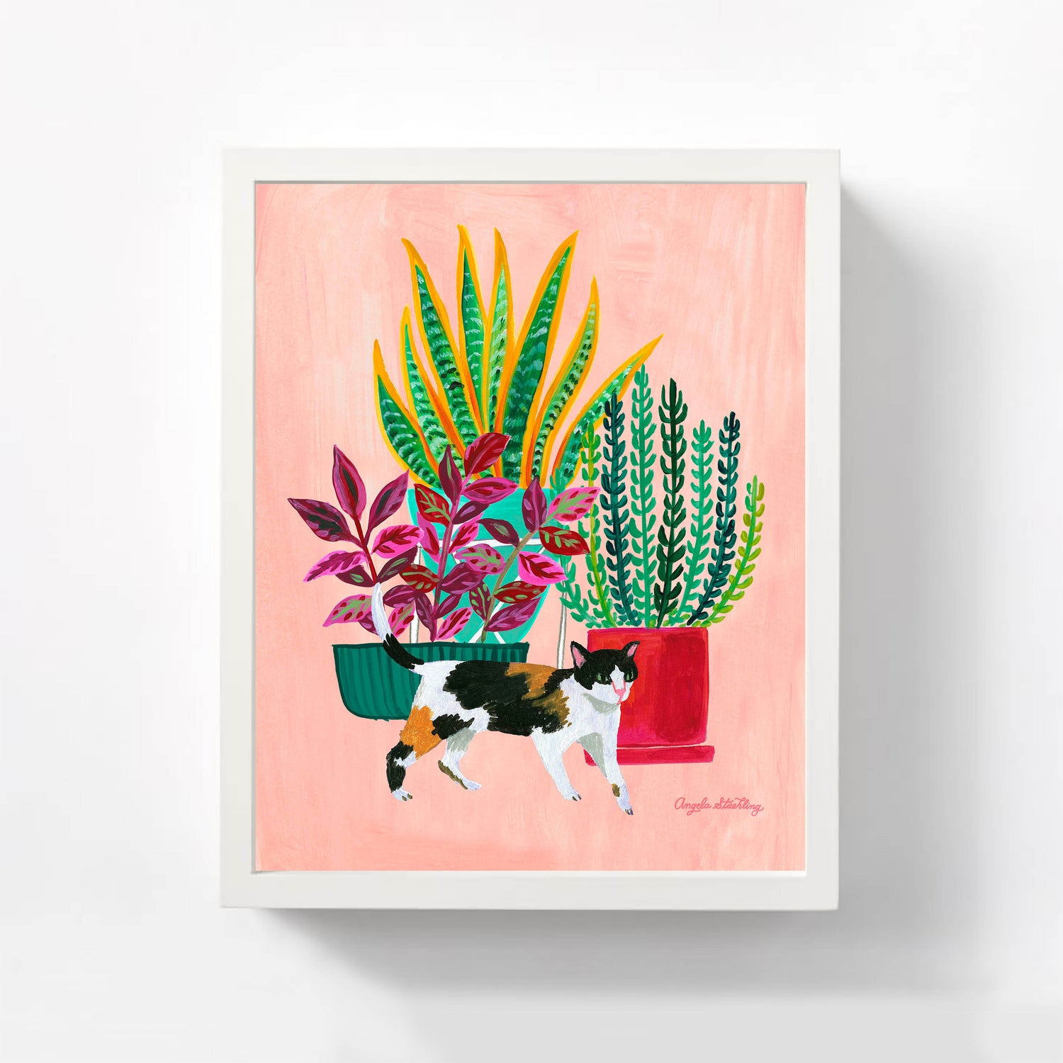 Calico cat and houseplant illustration with pink background