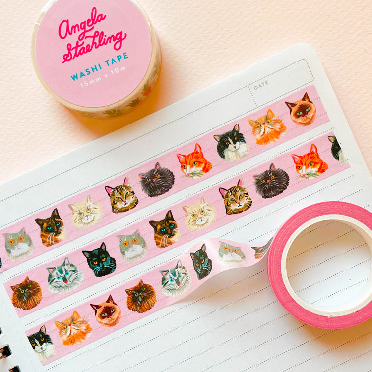 Cat washi tape on pink background.