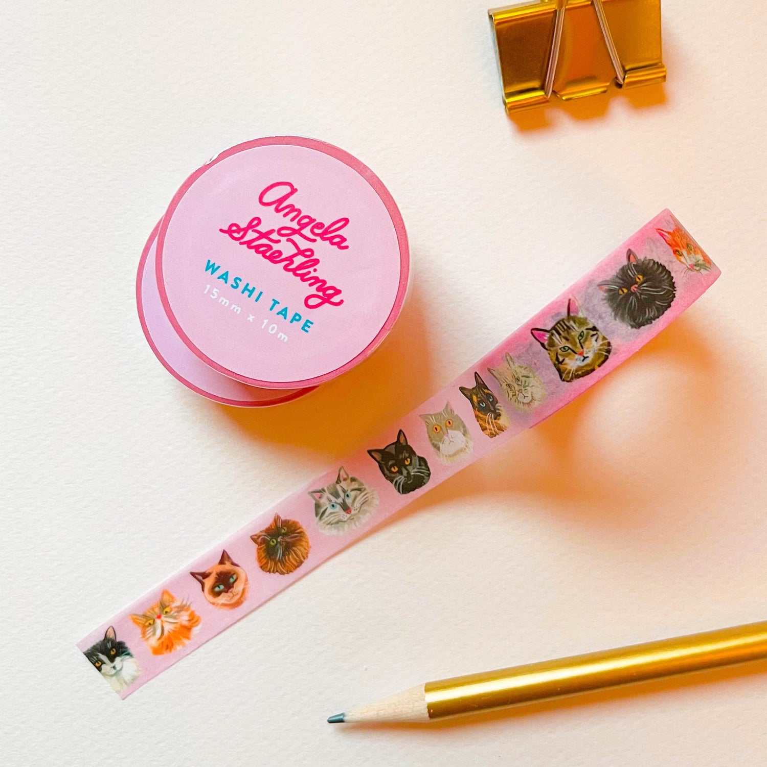 Cat washi tape with pink background and pencil