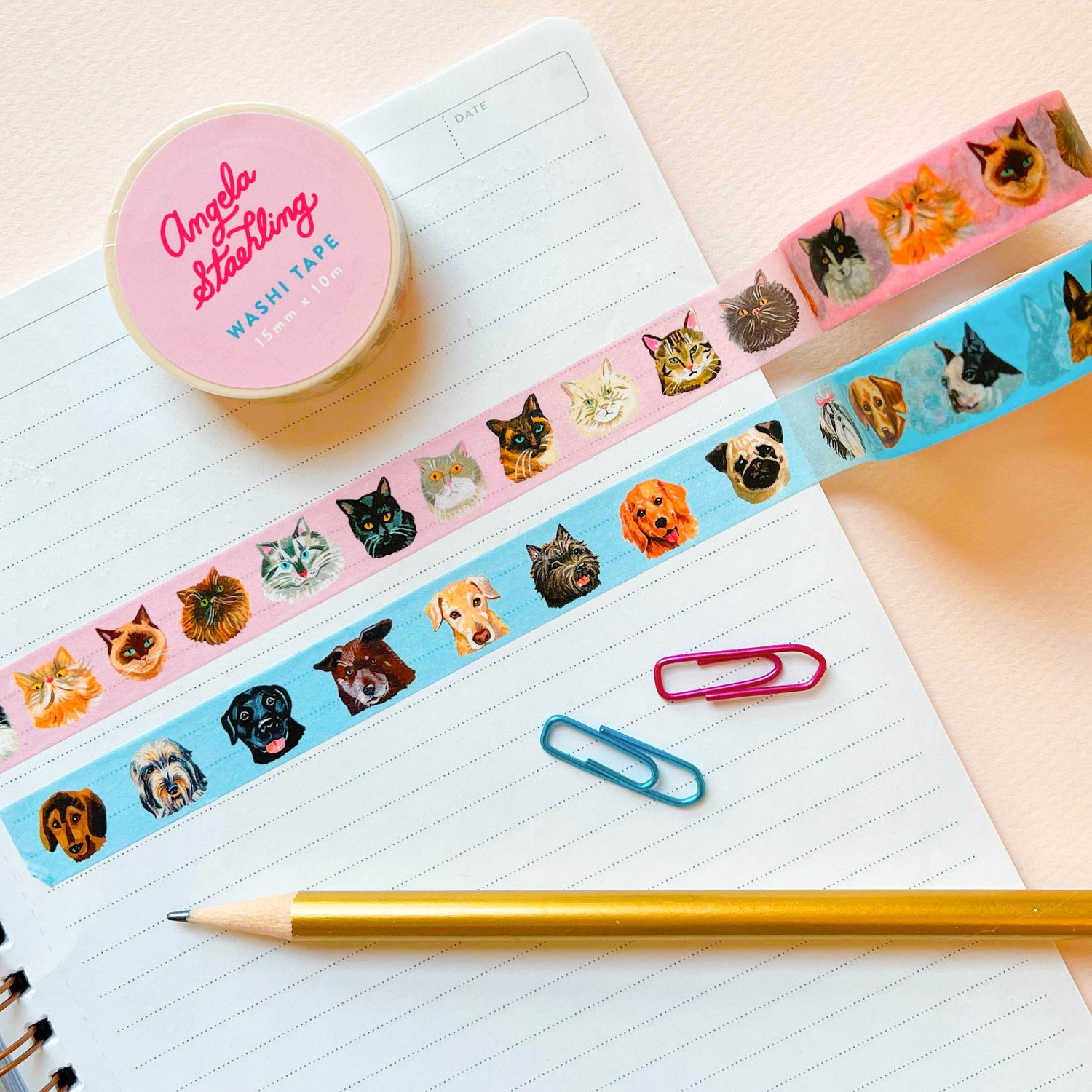 Dog washit tape and cat washi tape with paper clips and pencil