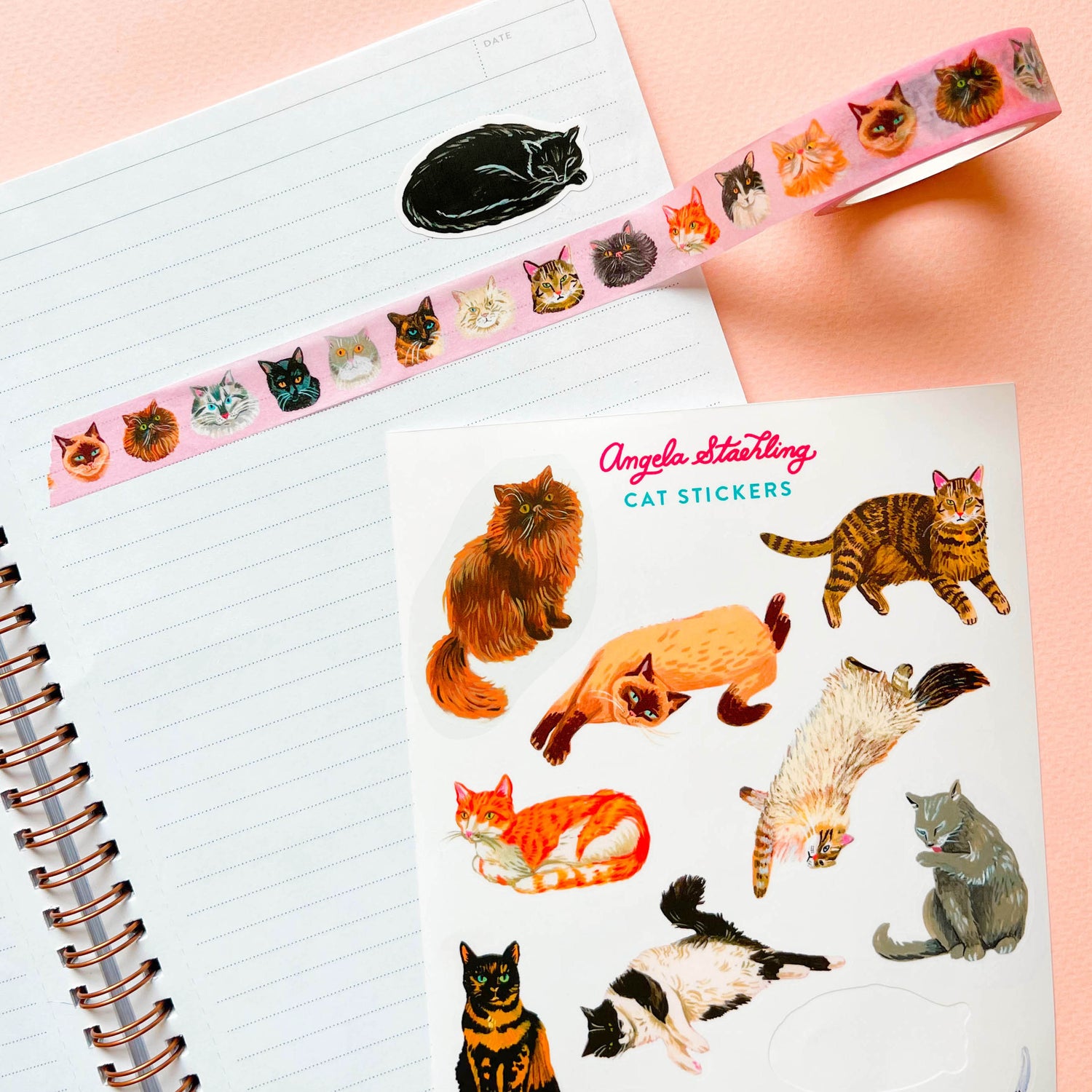 Cat sticker sheet with cat washi tape and black cat sticker