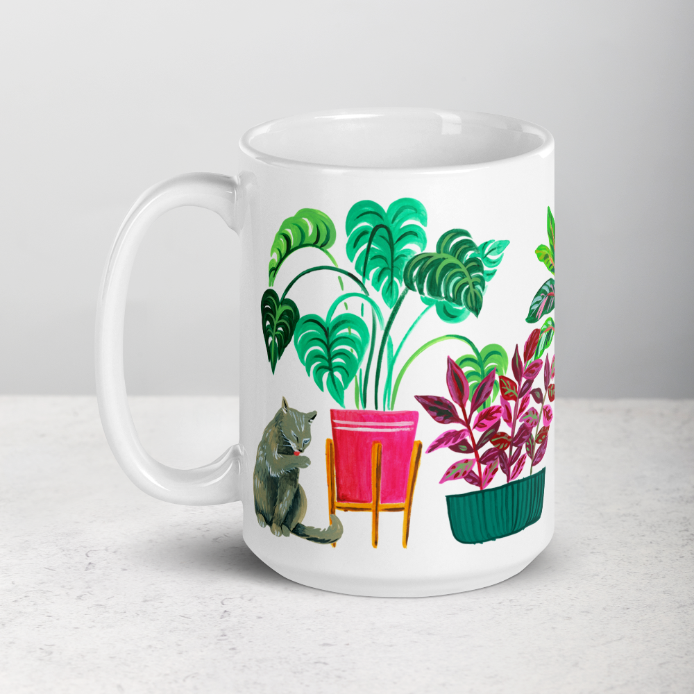 Cats and plants white ceramic 15oz coffee mug