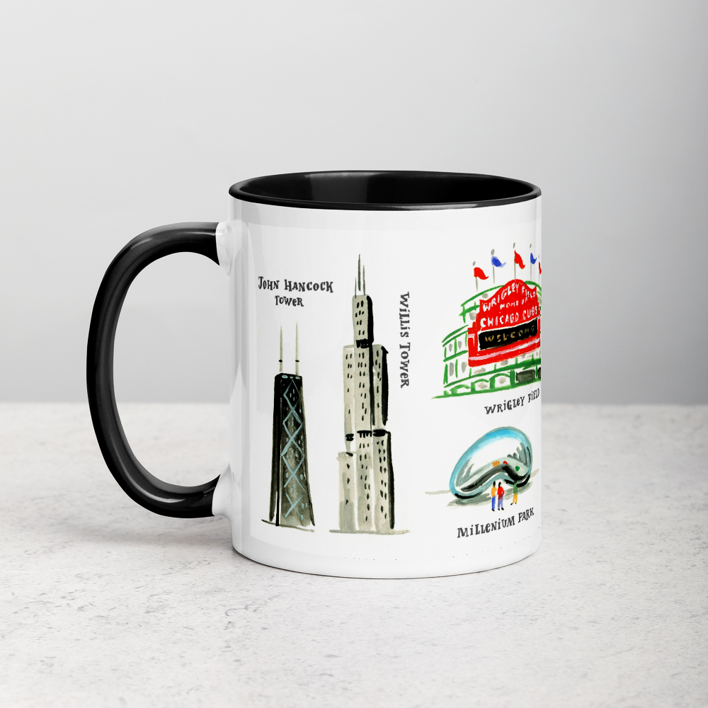 White ceramic coffee mug with black handle and inside; has Chicago landmarks illustration by Angela Staehling