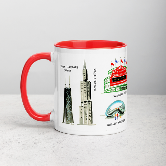White ceramic coffee mug with red handle and inside; has Chicago landmarks illustration by Angela Staehling