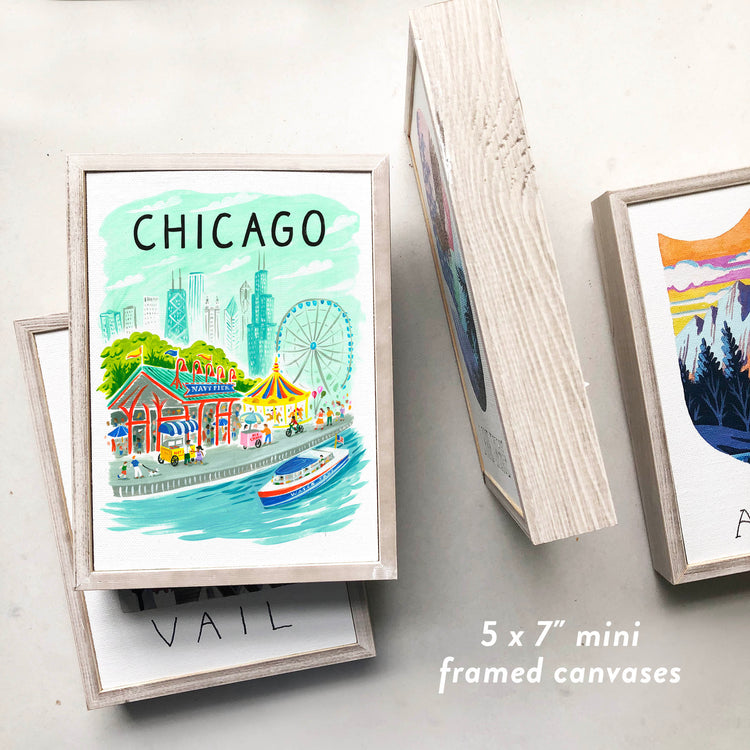 Downtown Chicago Navy Pier framed art with Chicago skyline; artwork by Angela Staehling