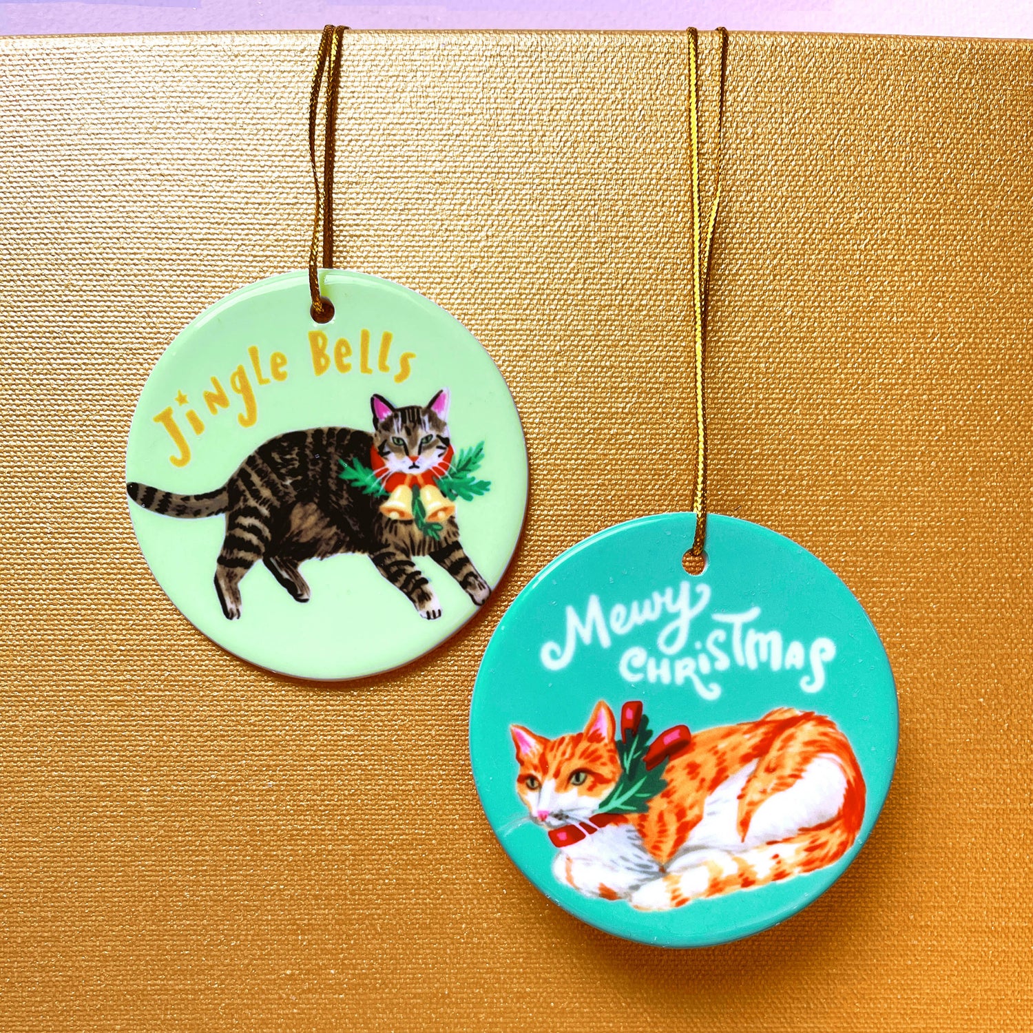 Orange cat Christmas ornament with holiday ribbon