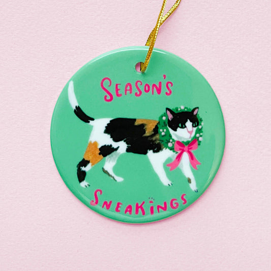 Calico cat Christmas ornament with holiday wreath