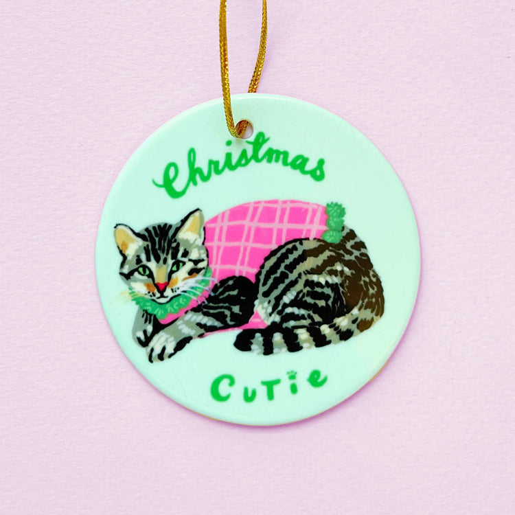 Tabby cat Christmas ornament in holiday sweater
