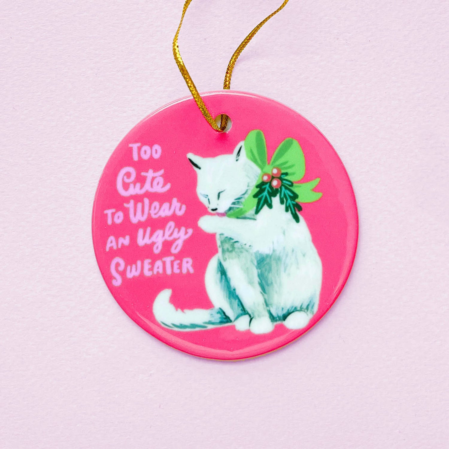 White Cat Christmas ornament withChristmas bow