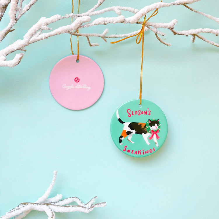 Calico cat Christmas ornament with holiday wreath