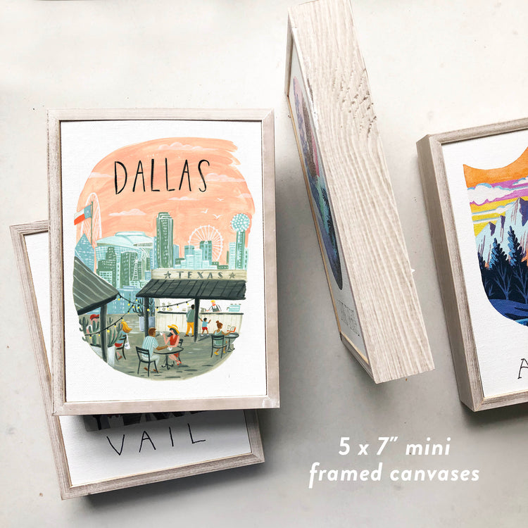 Trendy Downtown Dallas Skyline framed art with outdoor restaurants and modern colors; artwork by Angela Staehling