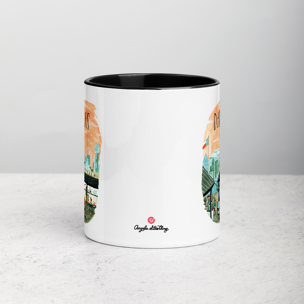 White ceramic coffee mug with black handle and inside; has Dallas Texas illustration by Angela Staehling