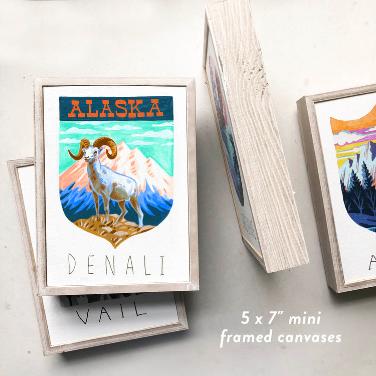 Denali National Park framed art with Dall Sheep, Mount McKinley, and Alaska mountains; trendy illustration by Angela Staehling