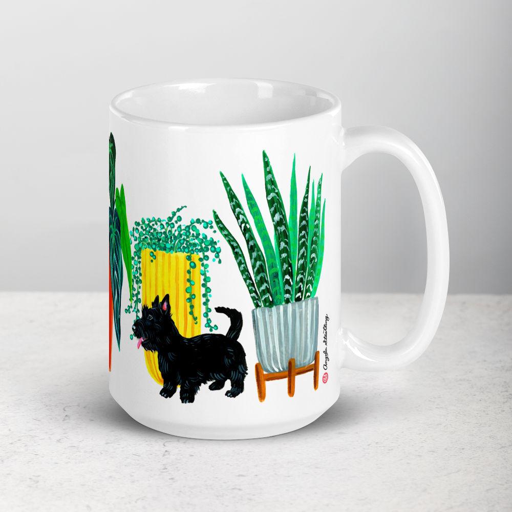 Dogs and plants white ceramic 15oz coffee mug
