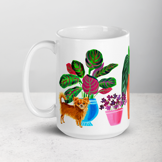 Dogs and plants white ceramic 15oz coffee mug