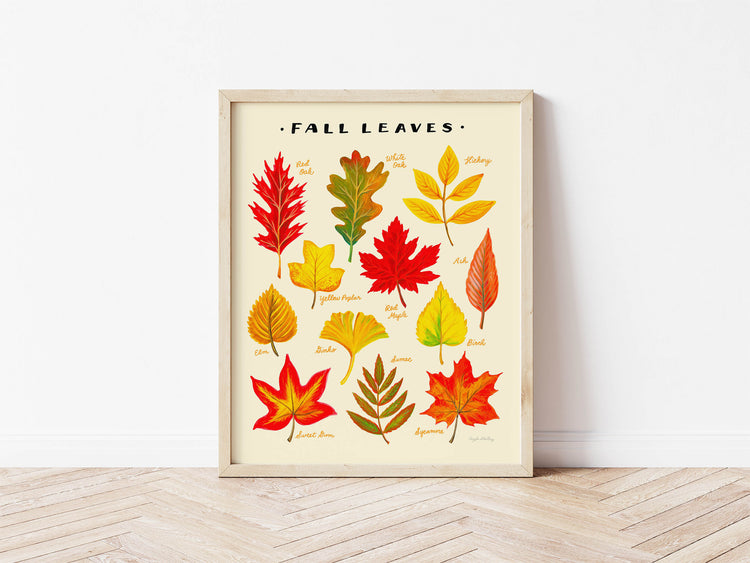 Colorful fall leaves illustration in a wooden frame