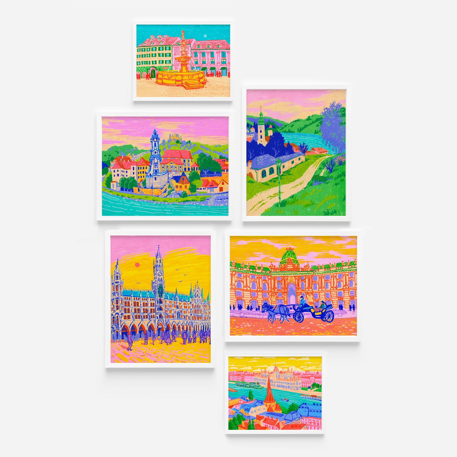 Travel illustrations in white frames