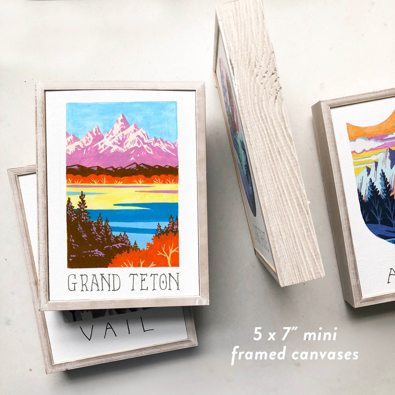 Grand Teton National Park framed art with mountains, Snake River, trees, and trails; trendy illustration by Angela Staehling