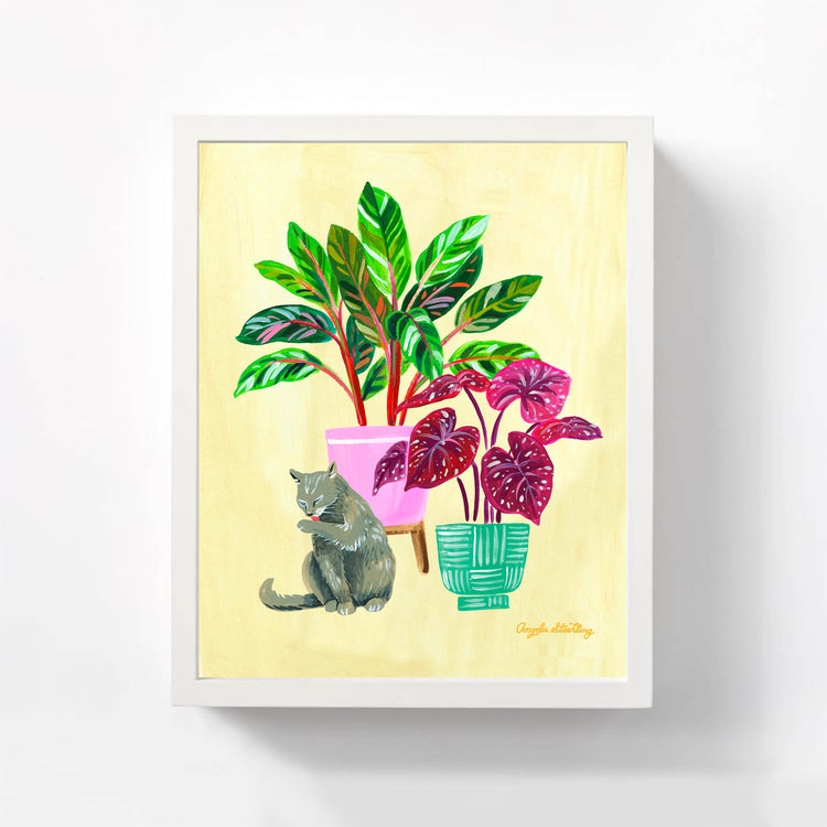 Gray cat and houseplant illustration with yellow background
