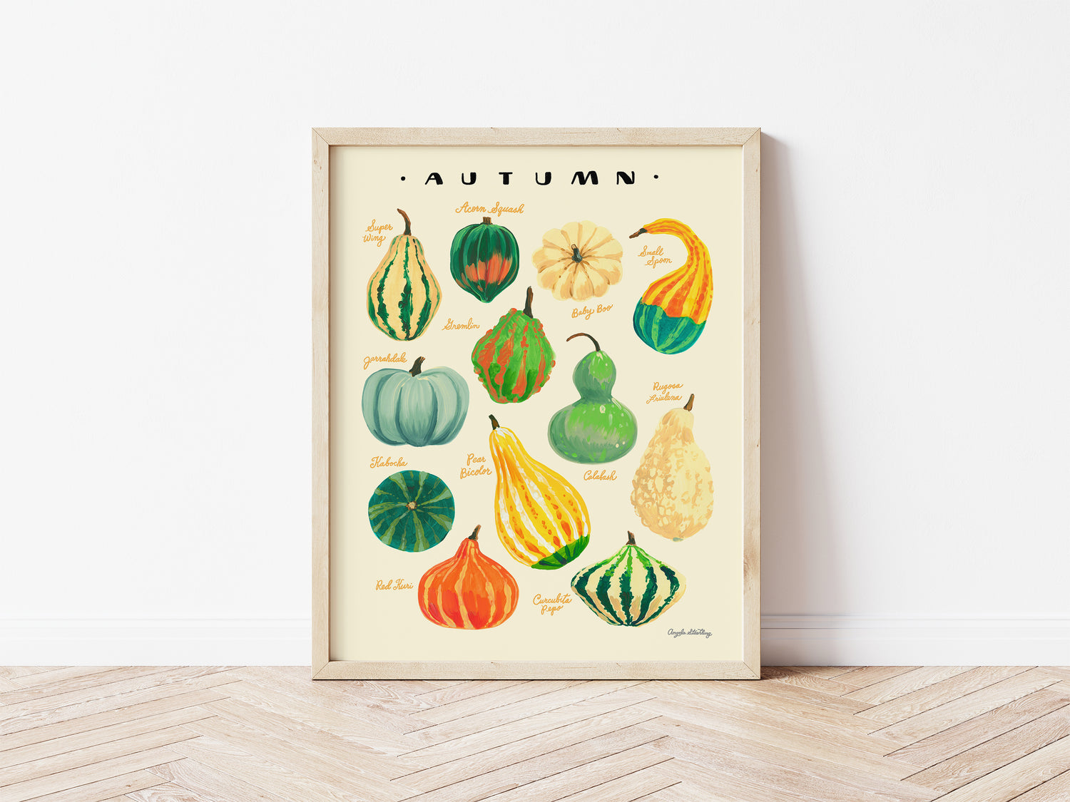 Harvest gourds illustration in wooden frame