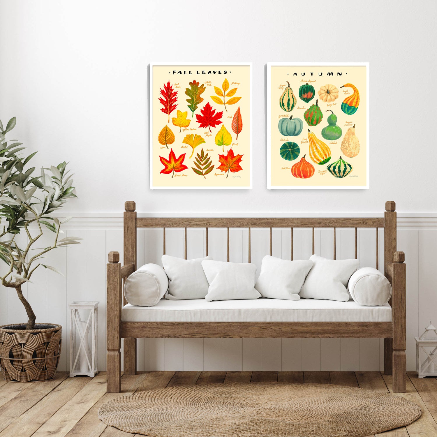 Colorful fall leaves and autumn gourds illustration in a white frames