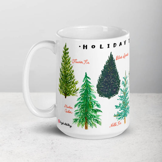 Christmas tree varieties on white ceramic coffee mug