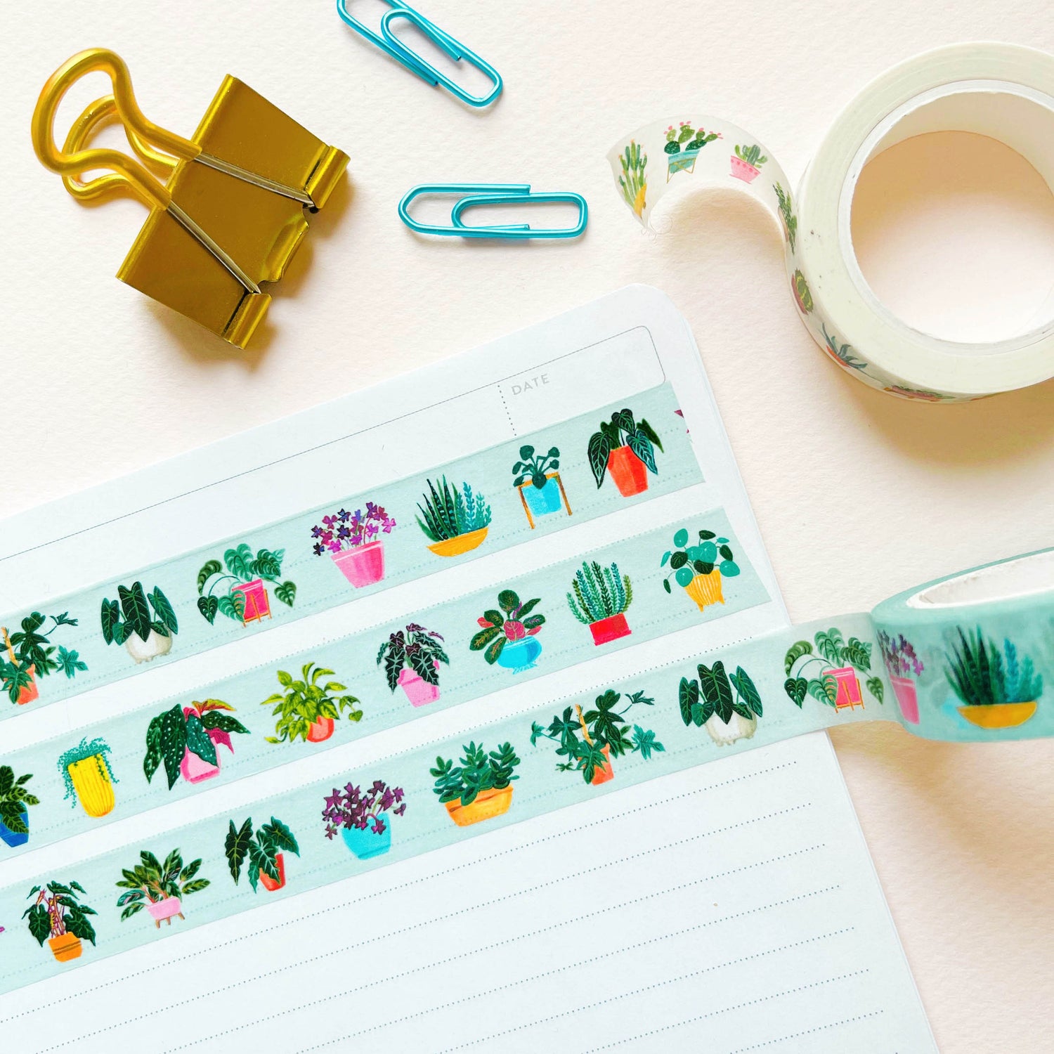 Houseplant Washi Tape with Cactus Washi Tape with paper clips and notebook